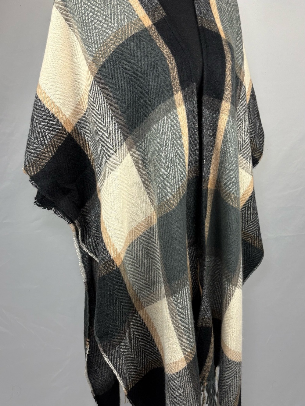 Wrap Sweater Black & Cream Plaid Fringe